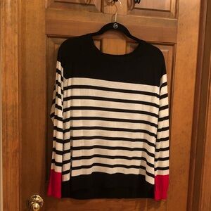 Black Tape_ Black and White Striped Top with Red at Sleeve Bottom
